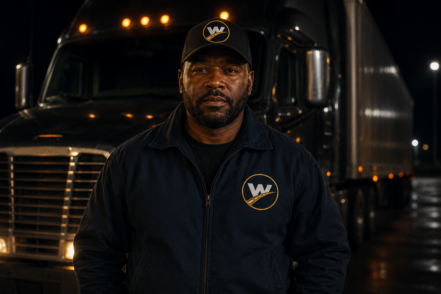 WWLC company driver in branded jacket standing in front of a semi-truck at night