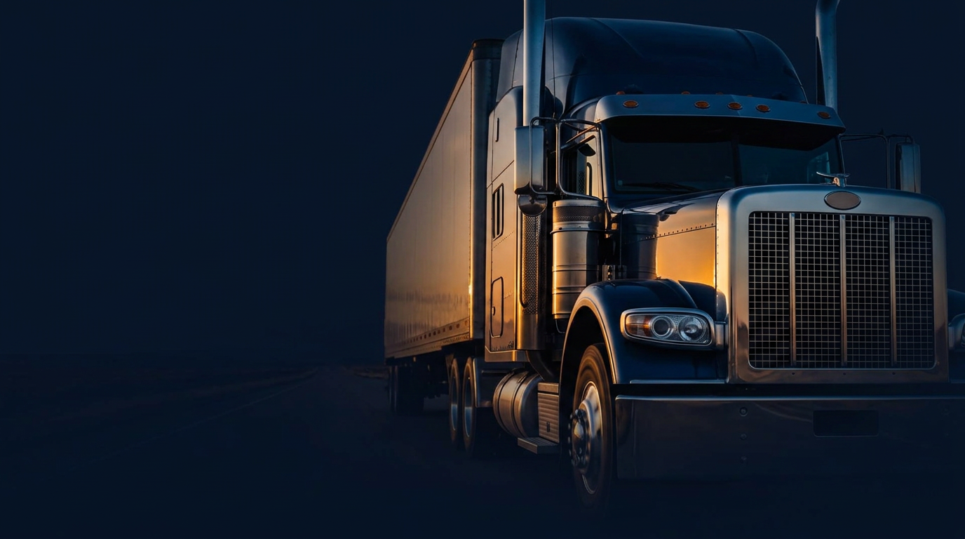 Class-8 tractor-trailer running forward at dusk